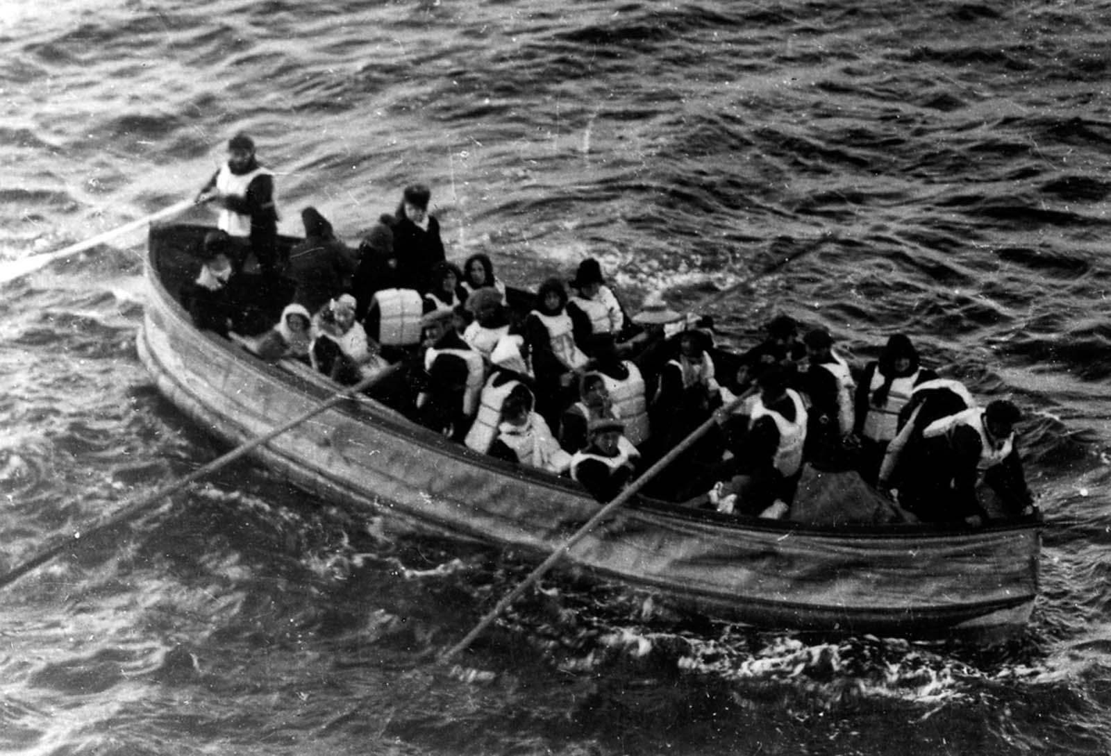 Titanic survivors in a lifeboat, from 1912